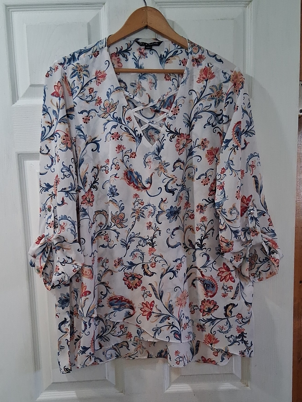 Floral Lace-Up V-Neck Blouse in Ivory with Blue & Coral Print
